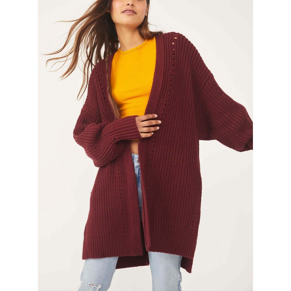 Free People Oversized Burgundy Open-Front Knit Cardigan